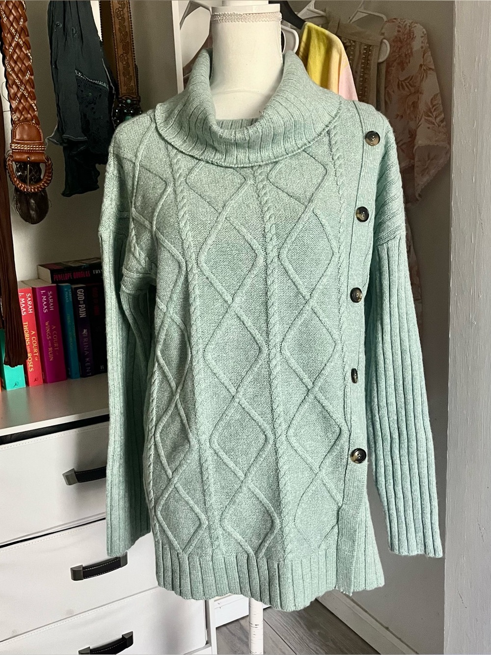 Soft Surroundings Cable-Knit Button-Side Turtleneck Sweater - Sage Green NWT